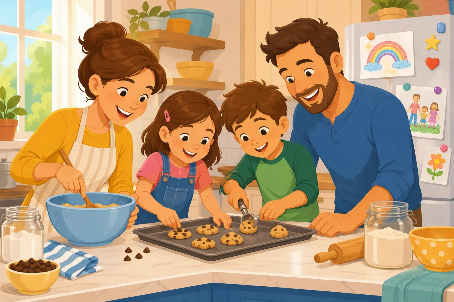 Illustration einer Familie beim gemeinsamen Keksebacken in der Küche — Eltern und zwei Kinder, Kinderzeichnungen am Kühlschrank im Hintergrund